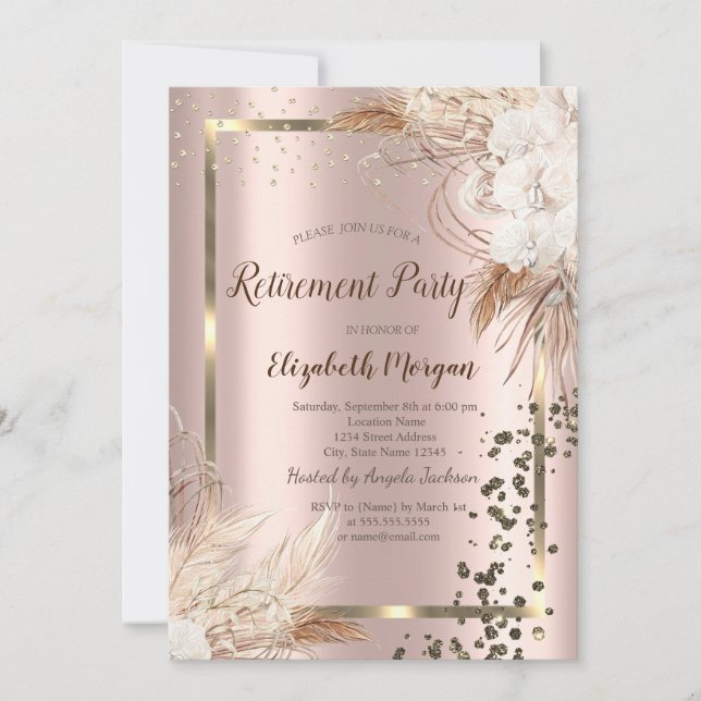 Boho Flowers Terracotta Confetti Retirement Invitation (Front)