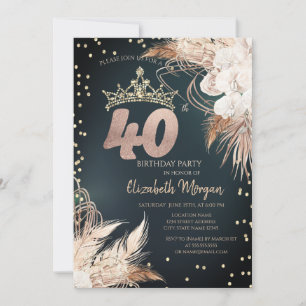 Boho Flowers Tiara Diamonds Green 40th Invitation