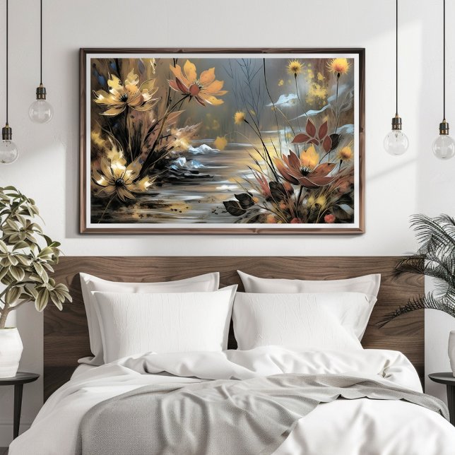 Boho Flowers Wall Art in Brown and Gold Poster (Boho Flowers Wall Art in Brown and Gold Poster Mockup 1)
