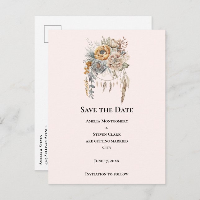Boho Flowers with a Dreamcatcher Save the Date Announcement Postcard (Front/Back)