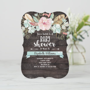 Boho Flowers Wood Baby Shower Invitation