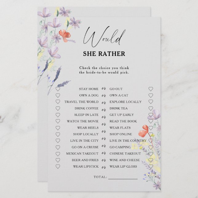 Boho Flowers Would she rather bridal shower game (Front/Back)