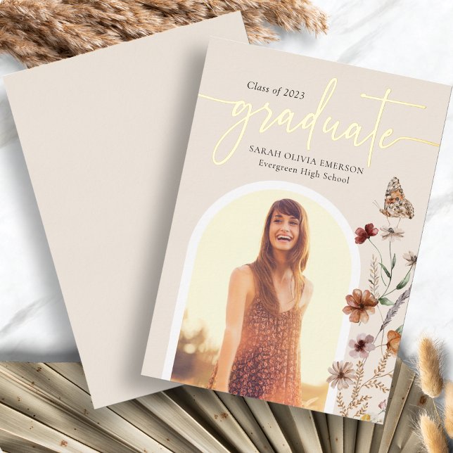 Boho Foil Graduation Announcement (Boho Wildflower Foil Graduation Announcement with Butterfly by Painted Paperie
)