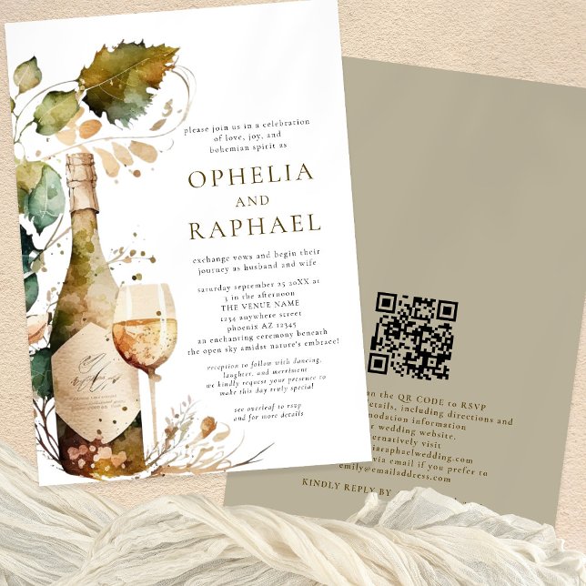 Boho Foliage and Wine Bohemian Wedding Invitation (Front and back view)