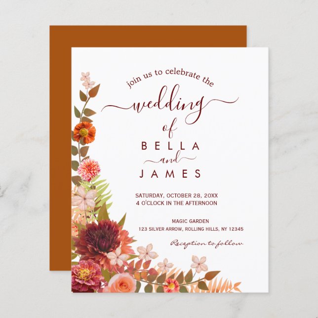  Boho Foliage Floral Terracotta Wedding Invitation (Front/Back)