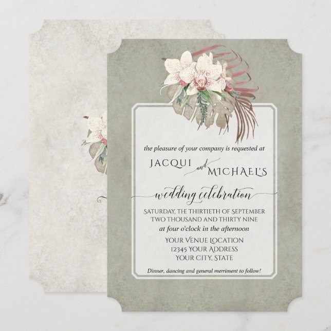 BOHO Foliage Sage Green White Orchid Floral Jungle Invitation (Front/Back)