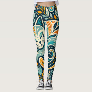 Boho Folk Art Cat and Floral Pattern Leggings