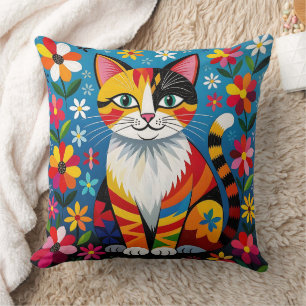 Boho Folk Art Cat, Flowers & Butterfly   Cushion