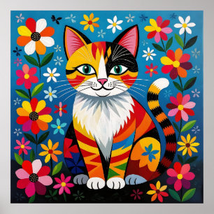 Boho Folk Art Cat, Flowers & Butterfly Poster