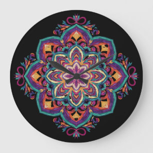 Boho Folk Art Flower Large Clock