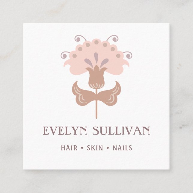 boho folk art flower logo square business card (Front)