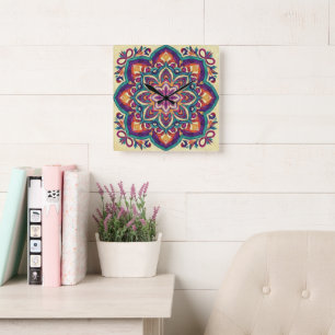 Boho Folk Art Flower Square Wall Clock