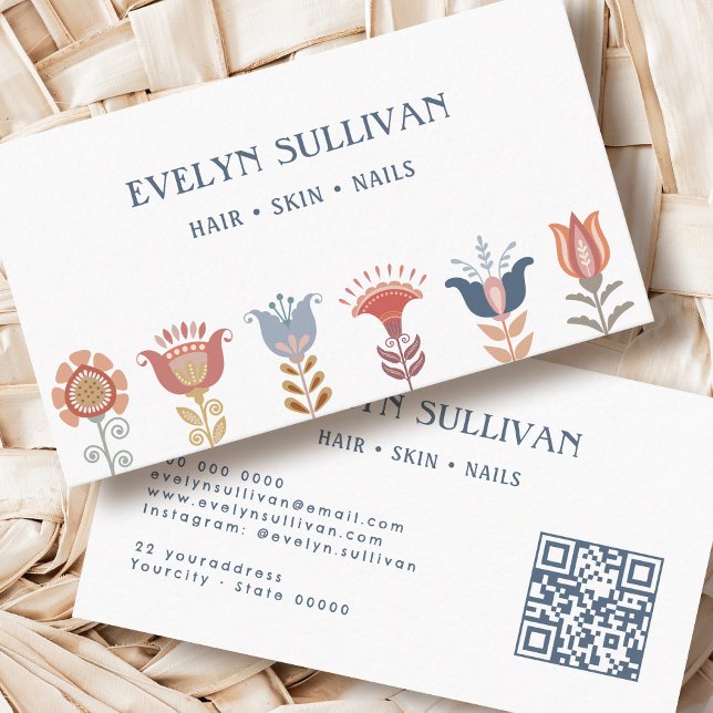 boho folk art flowers qr code business card (Creator Uploaded)