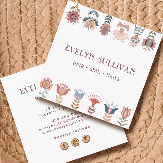 boho folk art flowers square business card (Creator Uploaded)