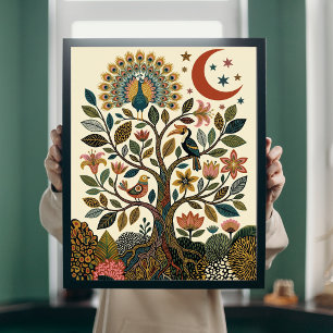 Boho Folk Art Tree of Life Peacock Celestial Poste Poster