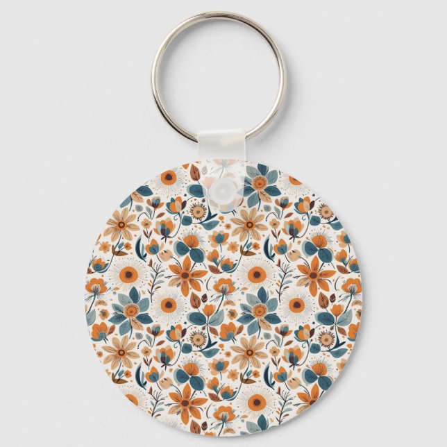 Boho Folk Art Wildflower Meadow Rust Teal Floral Key Ring (Front)