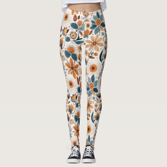 Boho Folk Art Wildflower Meadow Rust Teal Floral Leggings (Front)