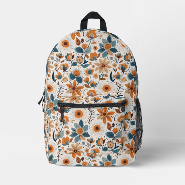 Boho Folk Art Wildflower Meadow Rust Teal Floral Printed Backpack (Front)