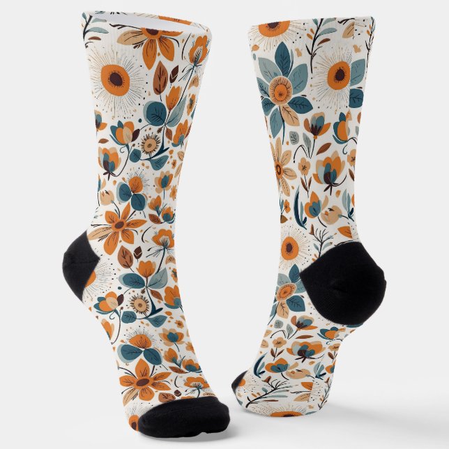 Boho Folk Art Wildflower Meadow Rust Teal Floral Socks (Angled)