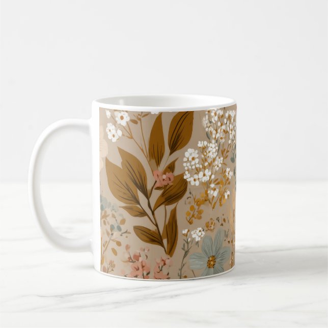 Boho Folk Autumn Cosy Flowers Neutral Floral Coffee Mug (Left)