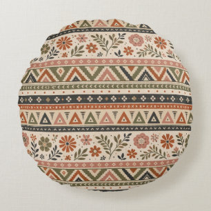 Boho Folk Floral Geometric Seamless Pattern Round Cushion