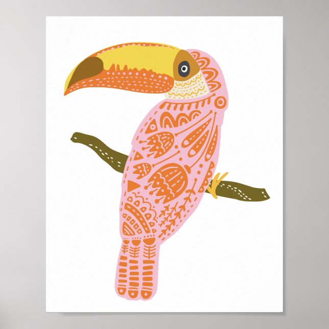 Boho Folk Floral Toucan Illustration in Pink  Poster (Front)