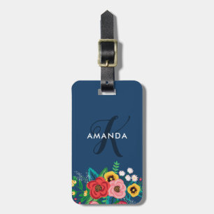 Boho Folk Flowers - Deep Blue Monogram Luggage Tag
