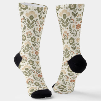 Boho Folk Flowers Earthy Colours Socks