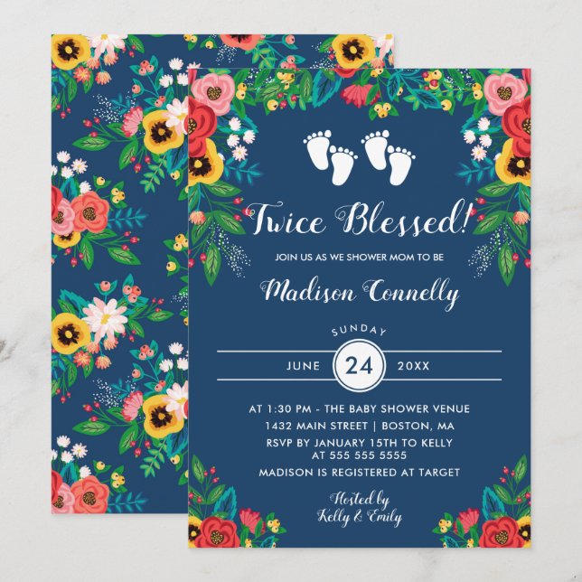 Boho Folk Flowers Twins Footprints Baby Shower Invitation (Front/Back)