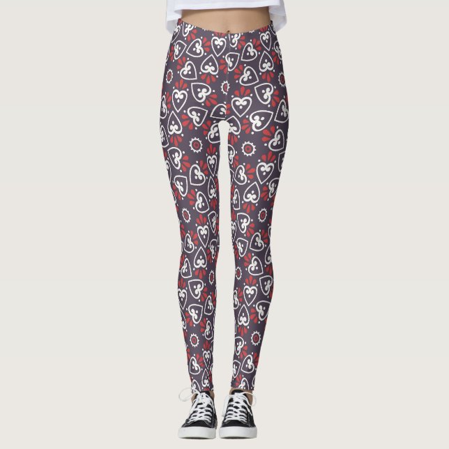 Boho Folk Hearts Pattern Tile Leggings (Front)