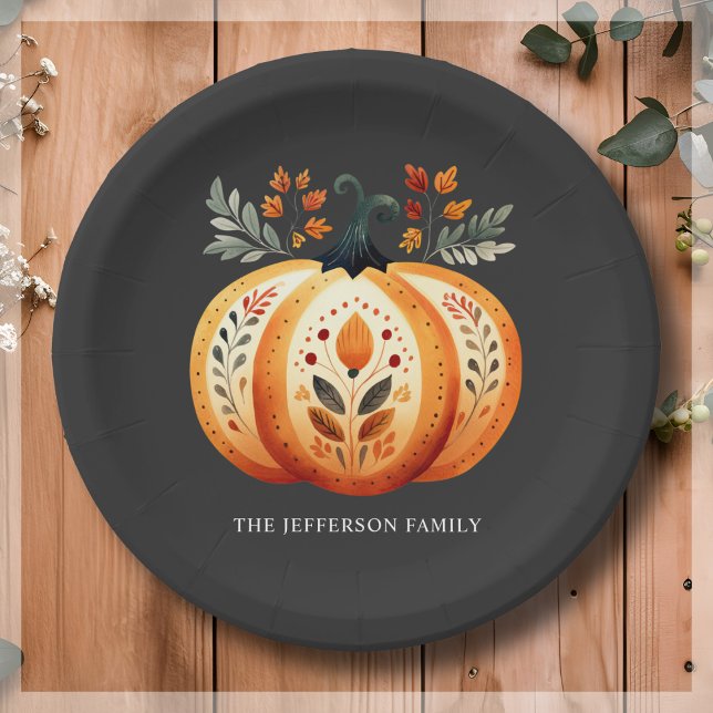 Boho Folk Pumpkin Thanksgiving Paper Plate (Creator Uploaded)