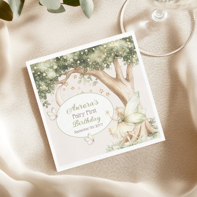 Boho forest Fairy First birthday photo Napkin (Creator Uploaded)
