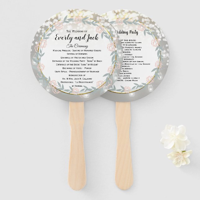 Boho Forest Mason Jar Pink Gold Wedding Program Hand Fan (Front and Back)
