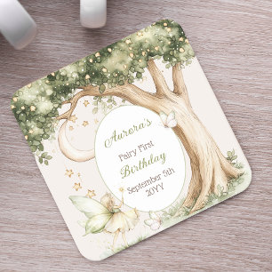 Boho Forest Watercolor Fairy First birthday Square Paper Coaster