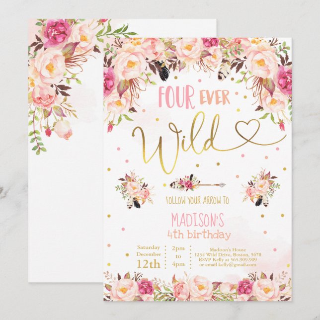 Boho Four Ever Wild Birthday Invitation Watercolor (Front/Back)