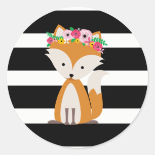 Boho Fox Black + White Stripe Baby Shower Classic Round Sticker