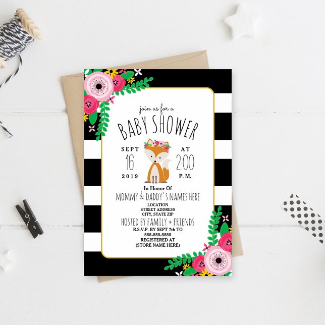 Boho Fox Black + White Stripe Baby Shower Invite (Creator Uploaded)
