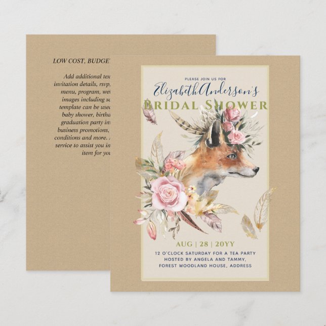 Boho FOX Bridal Shower Woodland Feathers Floral (Front/Back)