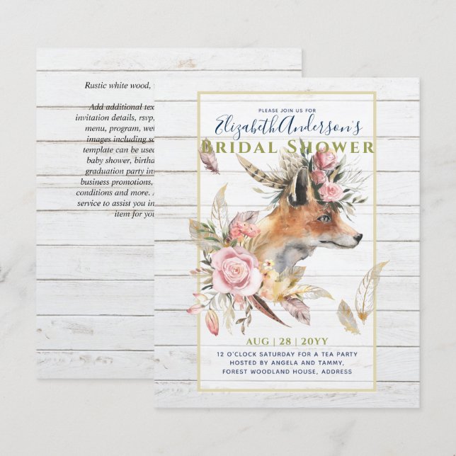 Boho FOX Bridal Shower Woodland Feathers Floral (Front/Back)