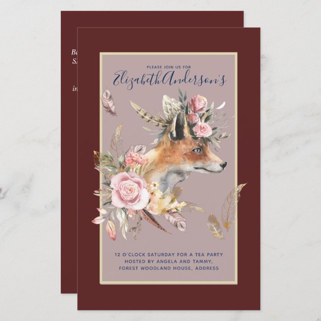 Boho FOX Bridal Shower Woodland Feathers Floral (Front/Back)