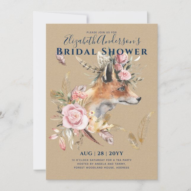Boho FOX Bridal Shower Woodland Feathers Floral Invitation (Front)