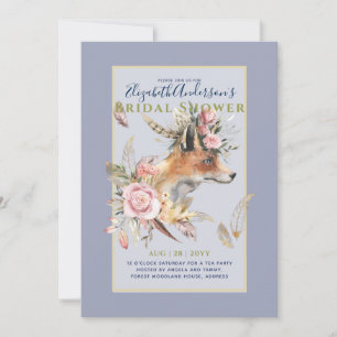 Boho FOX Bridal Shower Woodland Feathers Floral Invitation