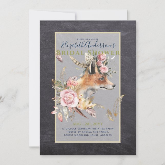 Boho FOX Bridal Shower Woodland Feathers Floral Invitation (Front)