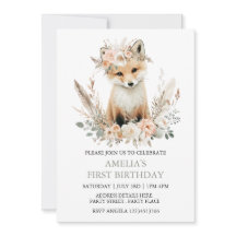 Boho Fox Girl 1st Birthday Invitation Any age 