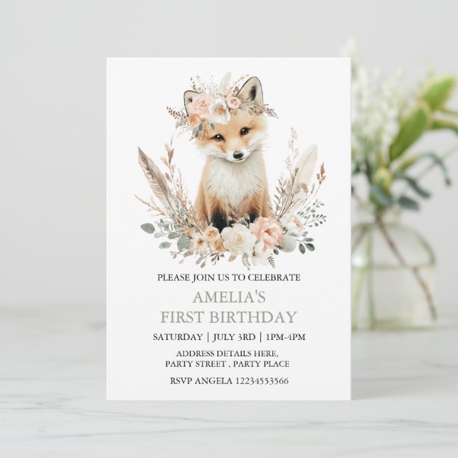 Boho Fox Girl 1st Birthday Invitation Any age  (Standing Front)