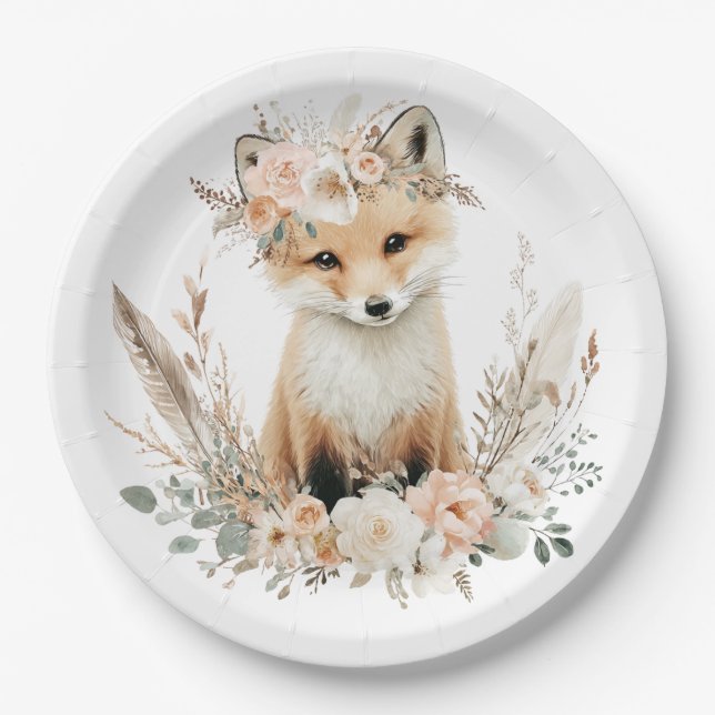 Boho Fox Girl Woodland Party Paper Plate (Front)