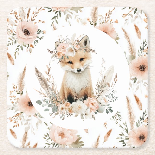 Boho Fox Girl Woodland Party Square Paper Coaster (Front)