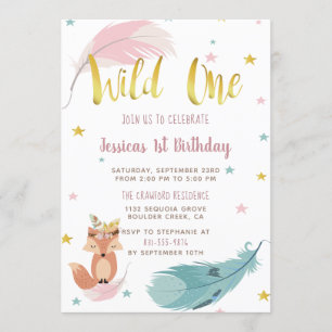 Boho Fox & Gold Script Wild One Birthday Party Invitation