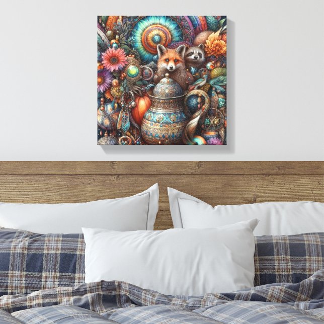 Boho Fox Racoon Floral Design Canvas Print (Insitu(Bedroom))