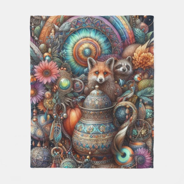 Boho Fox Racoon Floral Design Fleece Blanket (Front)